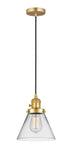 201CSW-SG-G42 Cord Hung 8" Satin Gold Mini Pendant - Clear Large Cone Glass - LED Bulb - Dimmensions: 8 x 8 x 10<br>Minimum Height : 13.25<br>Maximum Height : 131.25 - Sloped Ceiling Compatible: Yes