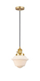 201CSW-SG-G531 Cord Hung 7.5" Satin Gold Mini Pendant - Matte White Cased Small Oxford Glass - LED Bulb - Dimmensions: 7.5 x 7.5 x 8<br>Minimum Height : 13<br>Maximum Height : 131 - Sloped Ceiling Compatible: Yes