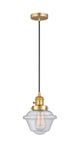 201CSW-SG-G534 Cord Hung 7.5" Satin Gold Mini Pendant - Seedy Small Oxford Glass - LED Bulb - Dimmensions: 7.5 x 7.5 x 8<br>Minimum Height : 13<br>Maximum Height : 131 - Sloped Ceiling Compatible: Yes