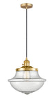 201CSW-SG-G544 Cord Hung 11.75" Satin Gold Mini Pendant - Seedy Large Oxford Glass - LED Bulb - Dimmensions: 11.75 x 11.75 x 11.5<br>Minimum Height : 15.375<br>Maximum Height : 133.375 - Sloped Ceiling Compatible: Yes