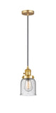201CSW-SG-G54 Cord Hung 5" Satin Gold Mini Pendant - Seedy Small Bell Glass - LED Bulb - Dimmensions: 5 x 5 x 10<br>Minimum Height : 13<br>Maximum Height : 131 - Sloped Ceiling Compatible: Yes