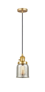 201CSW-SG-G58 Cord Hung 5" Satin Gold Mini Pendant - Silver Plated Mercury Small Bell Glass - LED Bulb - Dimmensions: 5 x 5 x 10<br>Minimum Height : 13<br>Maximum Height : 131 - Sloped Ceiling Compatible: Yes