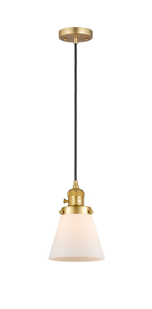 201CSW-SG-G61 Cord Hung 6" Satin Gold Mini Pendant - Matte White Cased Small Cone Glass - LED Bulb - Dimmensions: 6 x 6 x 8<br>Minimum Height : 13<br>Maximum Height : 131 - Sloped Ceiling Compatible: Yes