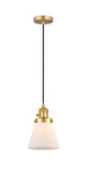 201CSW-SG-G61 Cord Hung 6" Satin Gold Mini Pendant - Matte White Cased Small Cone Glass - LED Bulb - Dimmensions: 6 x 6 x 8<br>Minimum Height : 13<br>Maximum Height : 131 - Sloped Ceiling Compatible: Yes