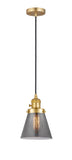 201CSW-SG-G63 Cord Hung 6" Satin Gold Mini Pendant - Plated Smoke Small Cone Glass - LED Bulb - Dimmensions: 6 x 6 x 8<br>Minimum Height : 13<br>Maximum Height : 131 - Sloped Ceiling Compatible: Yes
