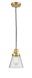 201CSW-SG-G64 Cord Hung 6" Satin Gold Mini Pendant - Seedy Small Cone Glass - LED Bulb - Dimmensions: 6 x 6 x 8<br>Minimum Height : 13<br>Maximum Height : 131 - Sloped Ceiling Compatible: Yes