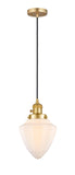 201CSW-SG-G661-7 Cord Hung 7" Satin Gold Mini Pendant - Matte White Cased Small Bullet Glass - LED Bulb - Dimmensions: 7 x 7 x 14.5<br>Minimum Height : 17.5<br>Maximum Height : 134.5 - Sloped Ceiling Compatible: Yes