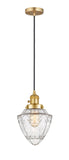 201CSW-SG-G664-7 Cord Hung 7" Satin Gold Mini Pendant - Seedy Small Bullet Glass - LED Bulb - Dimmensions: 7 x 7 x 14.5<br>Minimum Height : 17.5<br>Maximum Height : 134.5 - Sloped Ceiling Compatible: Yes