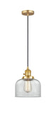 201CSW-SG-G72 Cord Hung 8" Satin Gold Mini Pendant - Clear Large Bell Glass - LED Bulb - Dimmensions: 8 x 8 x 10<br>Minimum Height : 13<br>Maximum Height : 131 - Sloped Ceiling Compatible: Yes