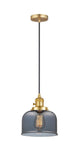 201CSW-SG-G73 Cord Hung 8" Satin Gold Mini Pendant - Plated Smoke Large Bell Glass - LED Bulb - Dimmensions: 8 x 8 x 10<br>Minimum Height : 13<br>Maximum Height : 131 - Sloped Ceiling Compatible: Yes