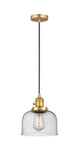201CSW-SG-G74 Cord Hung 8" Satin Gold Mini Pendant - Seedy Large Bell Glass - LED Bulb - Dimmensions: 8 x 8 x 10<br>Minimum Height : 13<br>Maximum Height : 131 - Sloped Ceiling Compatible: Yes