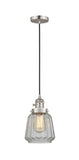 201CSW-SN-G142 Cord Hung 7" Brushed Satin Nickel Mini Pendant - Clear Chatham Glass - LED Bulb - Dimmensions: 7 x 7 x 11<br>Minimum Height : 14<br>Maximum Height : 132 - Sloped Ceiling Compatible: Yes