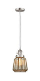 201CSW-SN-G146 Cord Hung 7" Brushed Satin Nickel Mini Pendant - Mercury Plated Chatham Glass - LED Bulb - Dimmensions: 7 x 7 x 11<br>Minimum Height : 15.25<br>Maximum Height : 133.25 - Sloped Ceiling Compatible: Yes