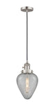 201CSW-SN-G165 Cord Hung 6.5" Brushed Satin Nickel Mini Pendant - Clear Crackle Geneseo Glass - LED Bulb - Dimmensions: 6.5 x 6.5 x 12<br>Minimum Height : 16<br>Maximum Height : 134 - Sloped Ceiling Compatible: Yes