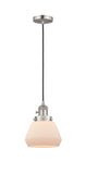 201CSW-SN-G171 Cord Hung 7" Brushed Satin Nickel Mini Pendant - Matte White Cased Fulton Glass - LED Bulb - Dimmensions: 7 x 7 x 10<br>Minimum Height : 12.5<br>Maximum Height : 130.5 - Sloped Ceiling Compatible: Yes