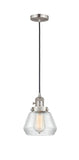 201CSW-SN-G172 Cord Hung 7" Brushed Satin Nickel Mini Pendant - Clear Fulton Glass - LED Bulb - Dimmensions: 7 x 7 x 10<br>Minimum Height : 12.5<br>Maximum Height : 130.5 - Sloped Ceiling Compatible: Yes