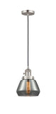 201CSW-SN-G173 Cord Hung 7" Brushed Satin Nickel Mini Pendant - Plated Smoke Fulton Glass - LED Bulb - Dimmensions: 7 x 7 x 10<br>Minimum Height : 12.5<br>Maximum Height : 130.5 - Sloped Ceiling Compatible: Yes