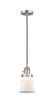201CSW-SN-G181S Cord Hung 6" Brushed Satin Nickel Mini Pendant - Matte White Small Canton Glass - LED Bulb - Dimmensions: 6 x 6 x 10<br>Minimum Height : 12.75<br>Maximum Height : 130.75 - Sloped Ceiling Compatible: Yes