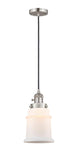 201CSW-SN-G181 Cord Hung 6" Brushed Satin Nickel Mini Pendant - Matte White Canton Glass - LED Bulb - Dimmensions: 6 x 6 x 10<br>Minimum Height : 14.5<br>Maximum Height : 132.5 - Sloped Ceiling Compatible: Yes