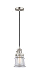 201CSW-SN-G182S Cord Hung 6" Brushed Satin Nickel Mini Pendant - Clear Small Canton Glass - LED Bulb - Dimmensions: 6 x 6 x 10<br>Minimum Height : 12.75<br>Maximum Height : 130.75 - Sloped Ceiling Compatible: Yes