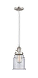 201CSW-SN-G182 Cord Hung 6" Brushed Satin Nickel Mini Pendant - Clear Canton Glass - LED Bulb - Dimmensions: 6 x 6 x 10<br>Minimum Height : 14.5<br>Maximum Height : 132.5 - Sloped Ceiling Compatible: Yes
