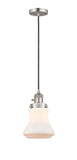 201CSW-SN-G191 Cord Hung 6.25" Brushed Satin Nickel Mini Pendant - Matte White Bellmont Glass - LED Bulb - Dimmensions: 6.25 x 6.25 x 10<br>Minimum Height : 13.5<br>Maximum Height : 131.5 - Sloped Ceiling Compatible: Yes