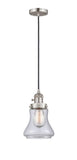 201CSW-SN-G192 Cord Hung 6.25" Brushed Satin Nickel Mini Pendant - Clear Bellmont Glass - LED Bulb - Dimmensions: 6.25 x 6.25 x 10<br>Minimum Height : 13.5<br>Maximum Height : 131.5 - Sloped Ceiling Compatible: Yes