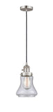 201CSW-SN-G194 Cord Hung 6.25" Brushed Satin Nickel Mini Pendant - Seedy Bellmont Glass - LED Bulb - Dimmensions: 6.25 x 6.25 x 10<br>Minimum Height : 13.5<br>Maximum Height : 131.5 - Sloped Ceiling Compatible: Yes