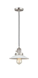 201CSW-SN-G1 Cord Hung 8.5" Brushed Satin Nickel Mini Pendant - White Halophane Glass - LED Bulb - Dimmensions: 8.5 x 8.5 x 8<br>Minimum Height : 9.25<br>Maximum Height : 127.25 - Sloped Ceiling Compatible: Yes