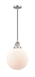 201CSW-SN-G201-10 Cord Hung 10" Brushed Satin Nickel Mini Pendant - Matte White Cased Beacon Glass - LED Bulb - Dimmensions: 10 x 10 x 13<br>Minimum Height : 17<br>Maximum Height : 135 - Sloped Ceiling Compatible: Yes