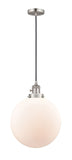 201CSW-SN-G201-12 Cord Hung 12" Brushed Satin Nickel Mini Pendant - Matte White Cased Beacon Glass - LED Bulb - Dimmensions: 12 x 12 x 15<br>Minimum Height : 19<br>Maximum Height : 137 - Sloped Ceiling Compatible: Yes