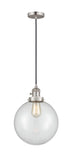 201CSW-SN-G202-10 Cord Hung 10" Brushed Satin Nickel Mini Pendant - Clear Beacon Glass - LED Bulb - Dimmensions: 10 x 10 x 13<br>Minimum Height : 17<br>Maximum Height : 135 - Sloped Ceiling Compatible: Yes