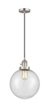 201CSW-SN-G204-10 Cord Hung 10" Brushed Satin Nickel Mini Pendant - Seedy Beacon Glass - LED Bulb - Dimmensions: 10 x 10 x 13<br>Minimum Height : 17<br>Maximum Height : 135 - Sloped Ceiling Compatible: Yes