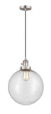 201CSW-SN-G204-12 Cord Hung 12" Brushed Satin Nickel Mini Pendant - Seedy Beacon Glass - LED Bulb - Dimmensions: 12 x 12 x 15<br>Minimum Height : 19<br>Maximum Height : 137 - Sloped Ceiling Compatible: Yes