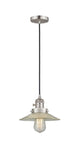 201CSW-SN-G2 Cord Hung 8.5" Brushed Satin Nickel Mini Pendant - Clear Halophane Glass - LED Bulb - Dimmensions: 8.5 x 8.5 x 8<br>Minimum Height : 9.25<br>Maximum Height : 127.25 - Sloped Ceiling Compatible: Yes