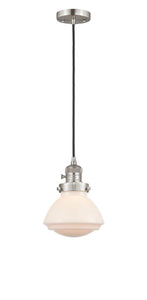 201CSW-SN-G321 Cord Hung 6.75" Brushed Satin Nickel Mini Pendant - Matte White Olean Glass - LED Bulb - Dimmensions: 6.75 x 6.75 x 7.75<br>Minimum Height : 12.25<br>Maximum Height : 130.25 - Sloped Ceiling Compatible: Yes