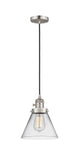 201CSW-SN-G42 Cord Hung 8" Brushed Satin Nickel Mini Pendant - Clear Large Cone Glass - LED Bulb - Dimmensions: 8 x 8 x 10<br>Minimum Height : 13.25<br>Maximum Height : 131.25 - Sloped Ceiling Compatible: Yes