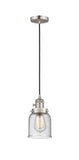 201CSW-SN-G54 Cord Hung 5" Brushed Satin Nickel Mini Pendant - Seedy Small Bell Glass - LED Bulb - Dimmensions: 5 x 5 x 10<br>Minimum Height : 13<br>Maximum Height : 131 - Sloped Ceiling Compatible: Yes