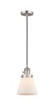201CSW-SN-G61 Cord Hung 6" Brushed Satin Nickel Mini Pendant - Matte White Cased Small Cone Glass - LED Bulb - Dimmensions: 6 x 6 x 8<br>Minimum Height : 13<br>Maximum Height : 131 - Sloped Ceiling Compatible: Yes