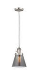 201CSW-SN-G63 Cord Hung 6" Brushed Satin Nickel Mini Pendant - Plated Smoke Small Cone Glass - LED Bulb - Dimmensions: 6 x 6 x 8<br>Minimum Height : 13<br>Maximum Height : 131 - Sloped Ceiling Compatible: Yes