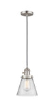 201CSW-SN-G64 Cord Hung 6" Brushed Satin Nickel Mini Pendant - Seedy Small Cone Glass - LED Bulb - Dimmensions: 6 x 6 x 8<br>Minimum Height : 13<br>Maximum Height : 131 - Sloped Ceiling Compatible: Yes