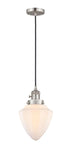 201CSW-SN-G661-7 Cord Hung 7" Brushed Satin Nickel Mini Pendant - Matte White Cased Small Bullet Glass - LED Bulb - Dimmensions: 7 x 7 x 14.5<br>Minimum Height : 17.5<br>Maximum Height : 134.5 - Sloped Ceiling Compatible: Yes