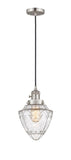 201CSW-SN-G664-7 Cord Hung 7" Brushed Satin Nickel Mini Pendant - Seedy Small Bullet Glass - LED Bulb - Dimmensions: 7 x 7 x 14.5<br>Minimum Height : 17.5<br>Maximum Height : 134.5 - Sloped Ceiling Compatible: Yes