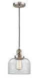 201CSW-SN-G72 Cord Hung 8" Brushed Satin Nickel Mini Pendant - Clear Large Bell Glass - LED Bulb - Dimmensions: 8 x 8 x 10<br>Minimum Height : 13<br>Maximum Height : 131 - Sloped Ceiling Compatible: Yes