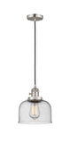 201CSW-SN-G74 Cord Hung 8" Brushed Satin Nickel Mini Pendant - Seedy Large Bell Glass - LED Bulb - Dimmensions: 8 x 8 x 10<br>Minimum Height : 13<br>Maximum Height : 131 - Sloped Ceiling Compatible: Yes