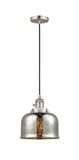 201CSW-SN-G78 Cord Hung 8" Brushed Satin Nickel Mini Pendant - Silver Plated Mercury Large Bell Glass - LED Bulb - Dimmensions: 8 x 8 x 10<br>Minimum Height : 13<br>Maximum Height : 131 - Sloped Ceiling Compatible: Yes