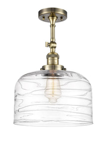 1-Light 12" Antique Brass Semi-Flush Mount - Clear Deco Swirl X-Large Bell Glass - Choice of Finish And Incandesent Or LED Bulbs
