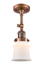 201F-AC-G181S 1-Light 6" Antique Copper Semi-Flush Mount - Matte White Small Canton Glass - LED Bulb - Dimmensions: 6 x 6 x 13.5 - Sloped Ceiling Compatible: Yes