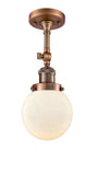 201F-AC-G201-6 1-Light 6" Antique Copper Semi-Flush Mount - Matte White Cased Beacon Glass - LED Bulb - Dimmensions: 6 x 6 x 14.25 - Sloped Ceiling Compatible: Yes