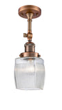 201F-AC-G302 1-Light 5.5" Antique Copper Semi-Flush Mount - Thick Clear Halophane Colton Glass - LED Bulb - Dimmensions: 5.5 x 5.5 x 14 - Sloped Ceiling Compatible: Yes